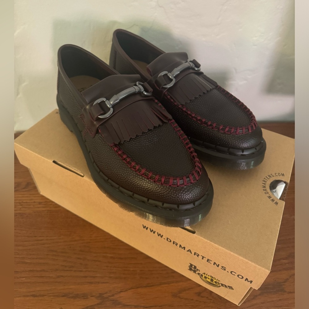 Dr. Martens Brown Leather Kiltie Loafers with Red Stitching